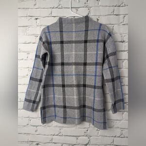 Adrienne Vittadini Knit top, mock neck plaid grey and blue xs